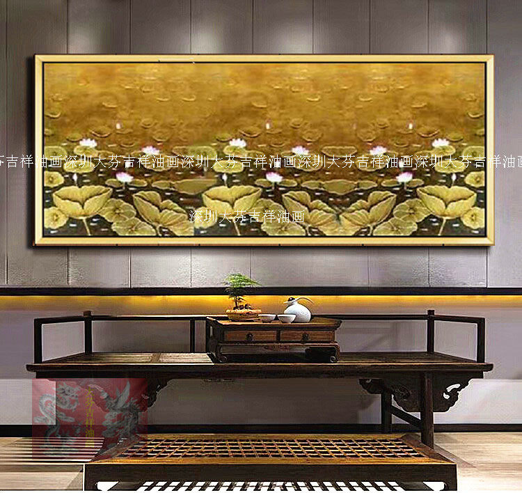 手绘横版东南亚装饰画有框画油画酒店会所家居壁画贴金箔莲花挂画