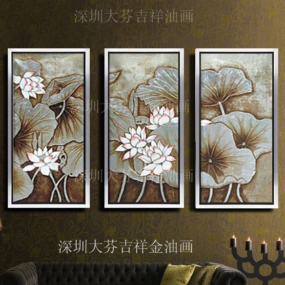 手绘东南亚风格装饰画有框画酒店家居会所玄关壁画银箔荷花挂画图片