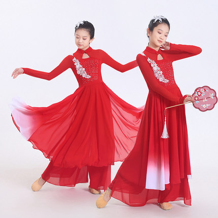 儿童古典舞蹈服五星红旗合唱服飘逸中国风现代舞女扇子舞演出服装
