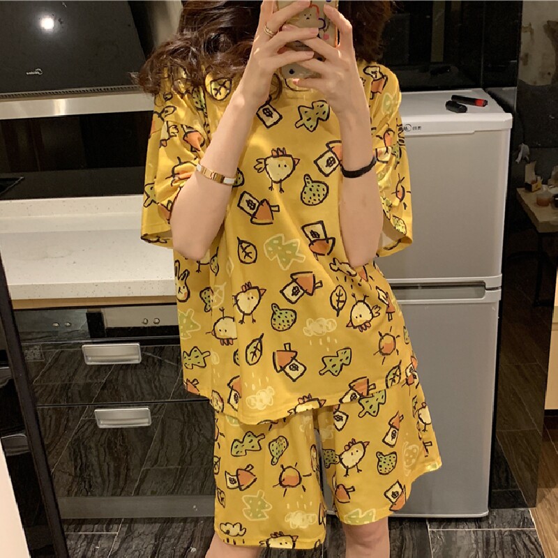 韩国ins夏季卡通小鸡舒适宽松棉质短袖+短裤睡衣家居服两件套装女