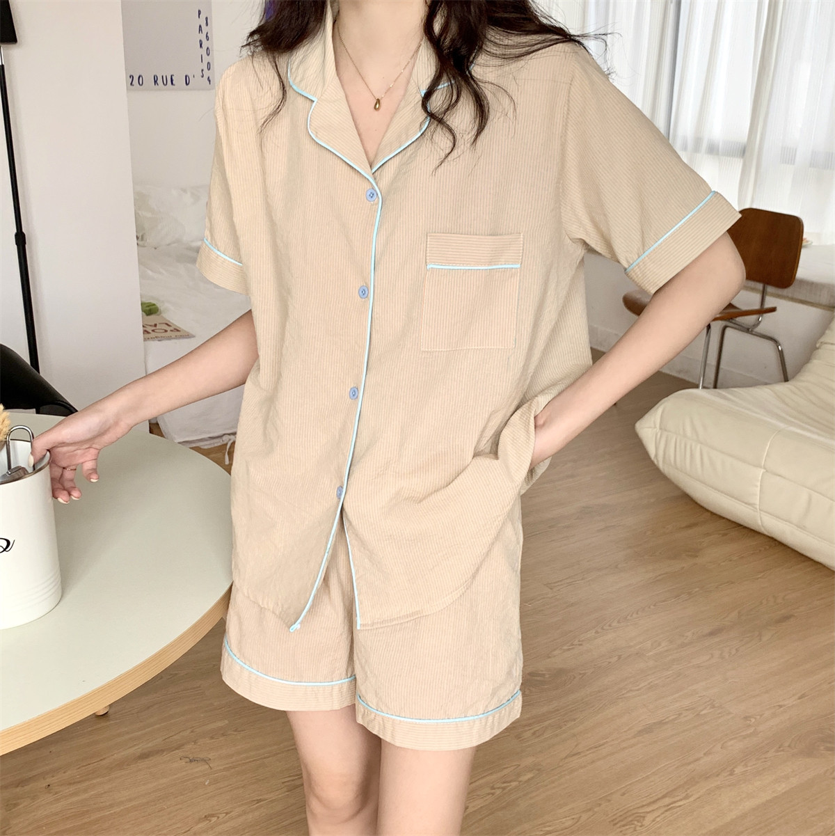 韩国ins夏季新款小清新简约细条纹翻领短袖短裤睡衣两件套套装女