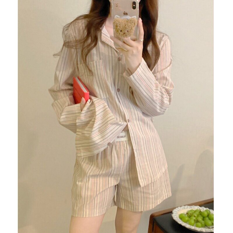 韩国ins春夏季慵懒风条纹少女开衫纯棉睡衣长袖短裤家居服套装女