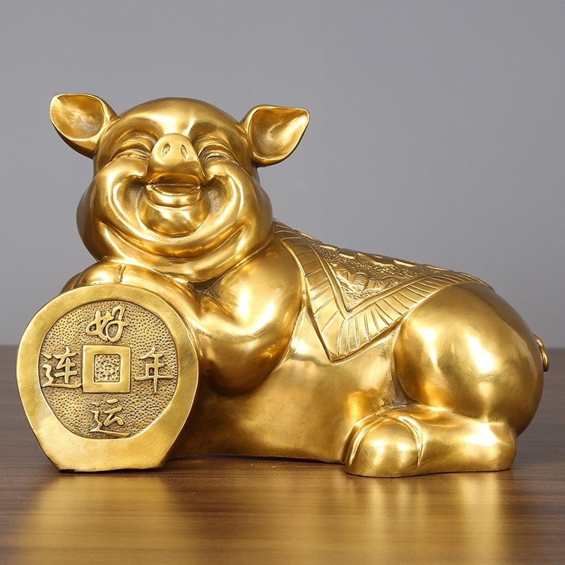 铜猪摆件纯黄铜生肖猪好运连年猪招财福猪家居玄关办公室装饰礼品