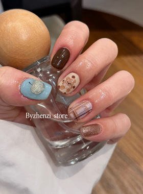 BYZHENZI STORE【我小熊呢？】防水2周格纹显白苹果美甲贴持久