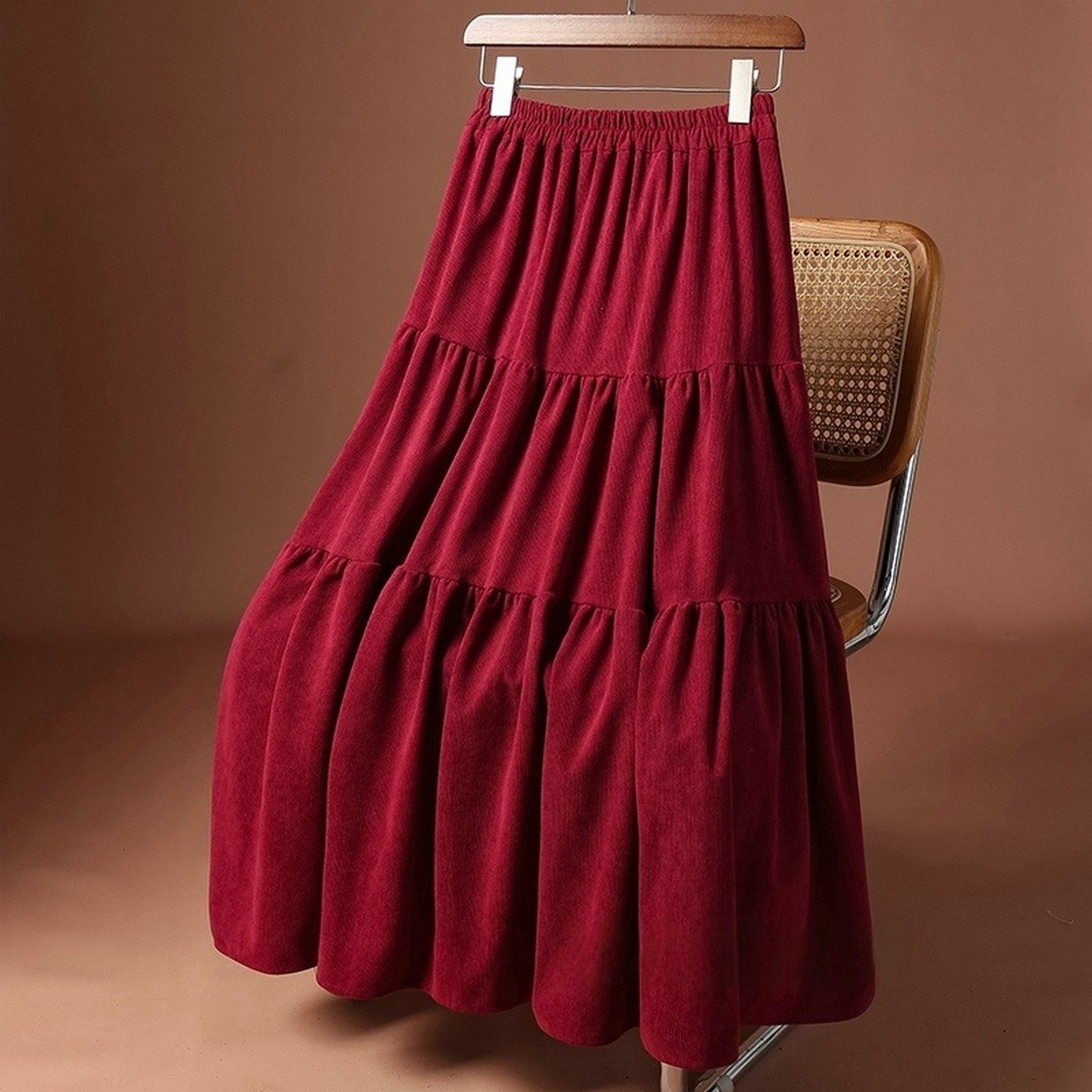 垂感大摆灯芯绒拼接蛋糕半身裙女春秋2026新款中长款显瘦裙子长裙