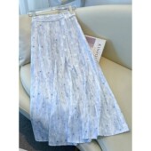 蕾丝腰带中长款 蓝色碎花半身裙女夏季 法式 新款 垂坠感a字伞裙 薄款