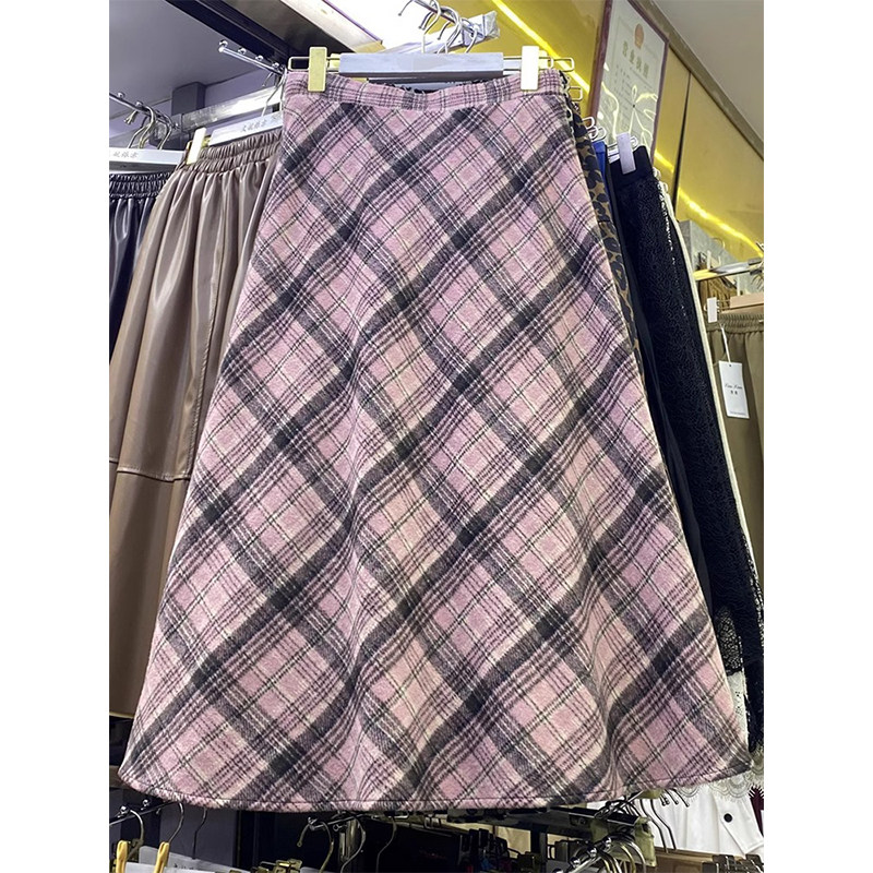 粉色格纹毛呢半身裙女秋冬2026新款高腰显瘦洋气中长款A字裙伞裙