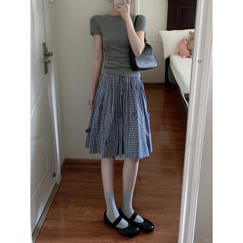 夏季韩系甜美立体花格纹裙两件套
