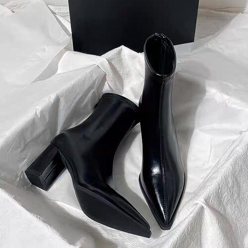 高跟短靴女粗跟后拉链皮靴子秋冬