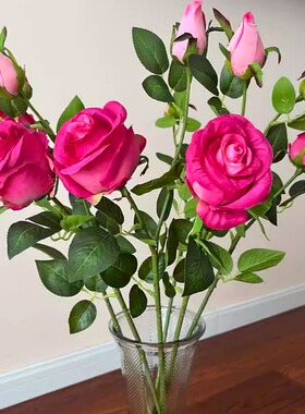 玫红色玫瑰仿真花玫瑰花假花绢花客厅装饰摆件样板房装饰花束插花