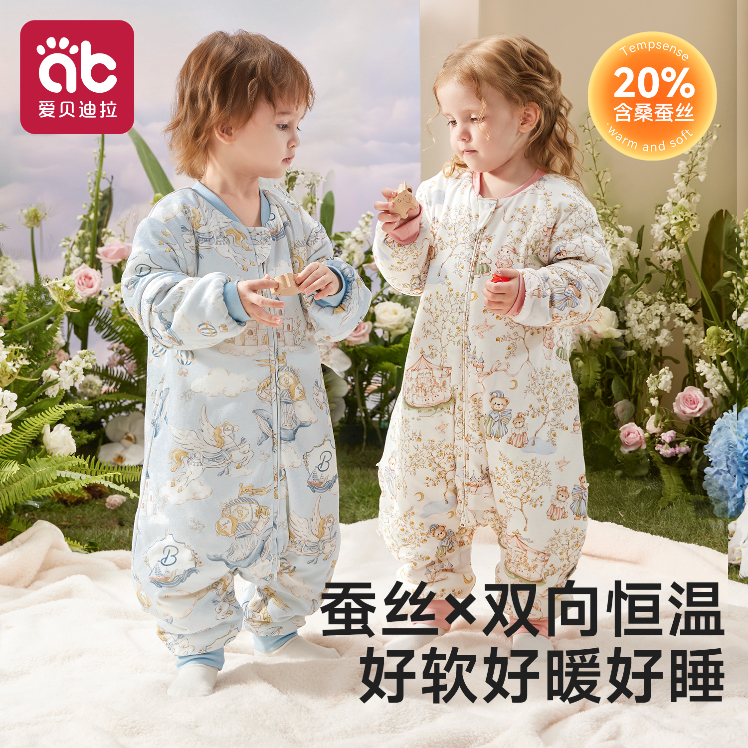 爱贝迪拉[桑蚕丝]婴儿睡袋秋冬季加厚恒温宝宝儿童防踢被四季通用