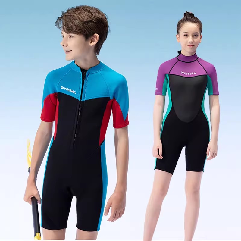 儿童泳衣青少年连体短袖保暖