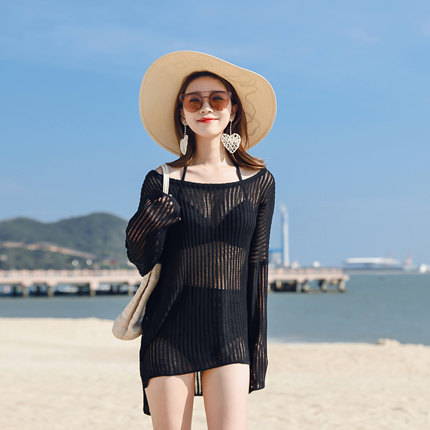 新款海边长袖性感比基尼罩衫蕾丝镂空沙滩防晒衣女泳衣度假外套