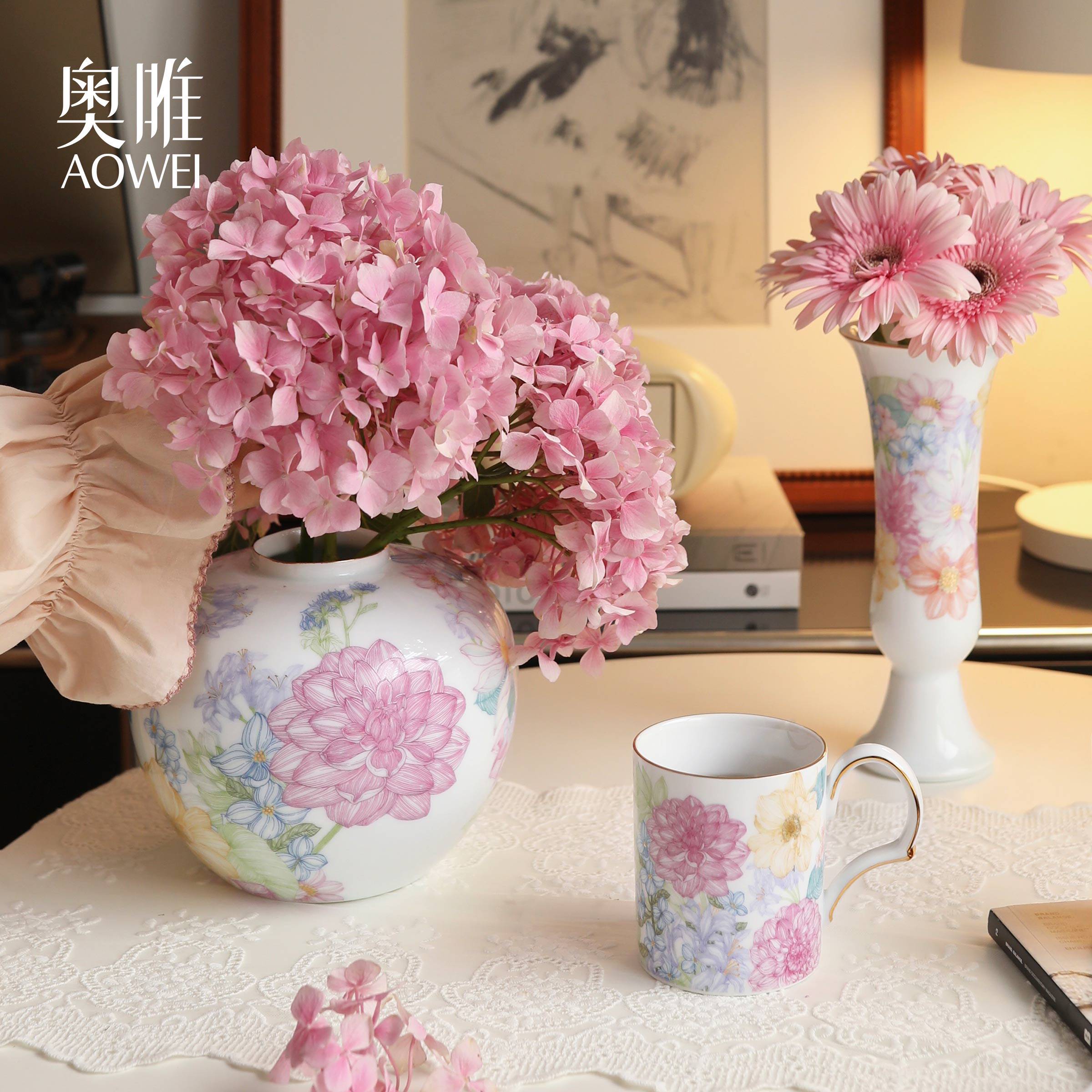 奥唯景德镇陶瓷花瓶摆件原创中式客厅高级感轻奢大肚子好看的花瓶