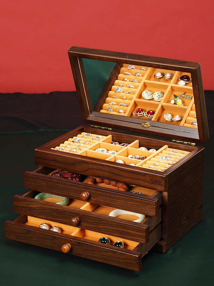 实木创意风格无锁大容量收纳盒戒指项炼手镯耳环珠宝收纳盒