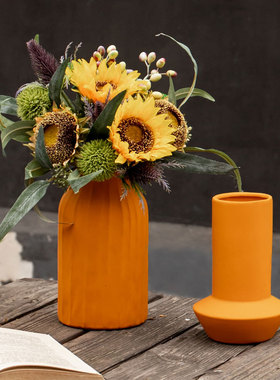 南十字星 轻奢法式橙色陶瓷花瓶直筒客厅干燥花插花软装饰品 多明