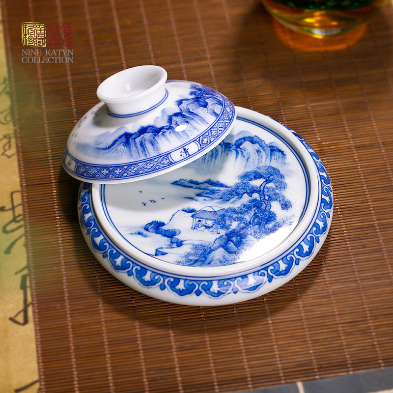 纯手工手绘青花如意山水盖置盖托
