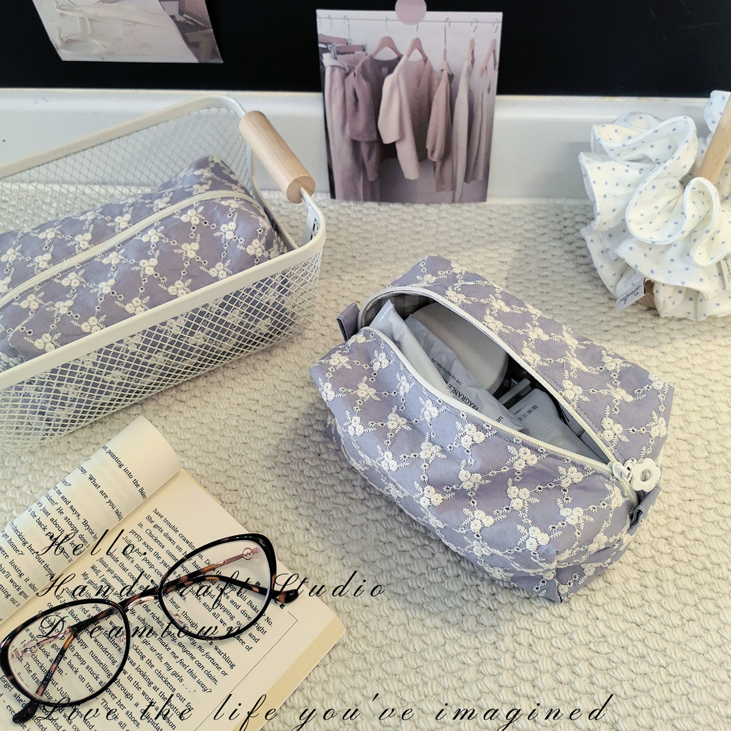 Dreamtown复古灰紫刺绣收纳包 韩国进口独立自制内胆包拉链小布包