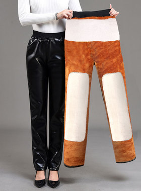 2025年秋冬新款女皮裤宽松直筒长裤妈妈裤高腰大码加绒加厚中老年