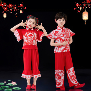 六一儿童秧歌表演服新款男女幼儿园少儿红色喜庆开门红舞蹈表演服