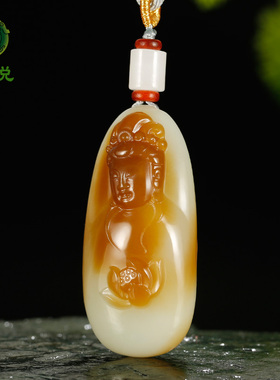 玉说和田玉观音吊坠男款玉坠糖青白玉荷花观自在半身头像挂件SZY