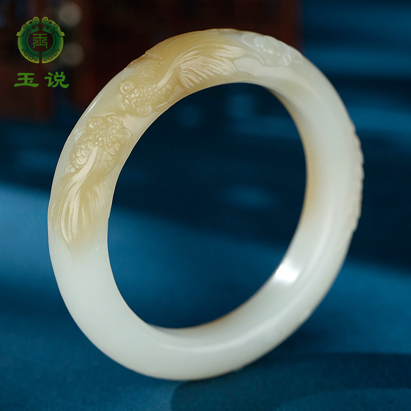 和田玉双鱼荷花手镯女款