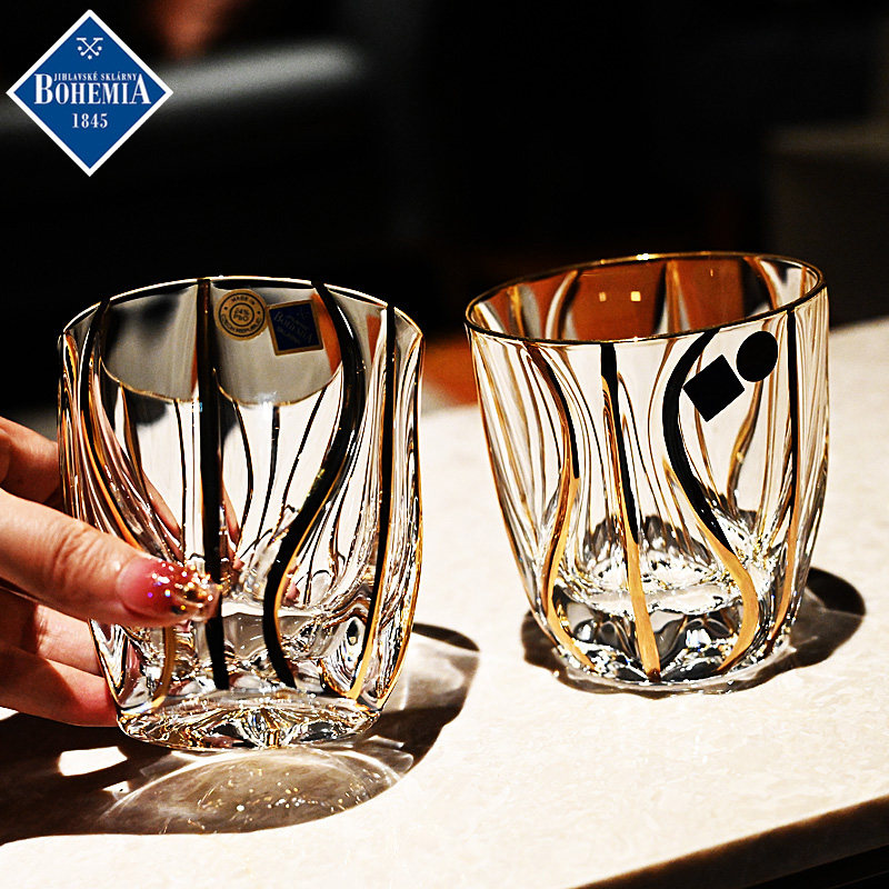 捷克进口BOHEMIA水晶玻璃描金威士忌洋酒杯饮料水杯对杯送人礼盒