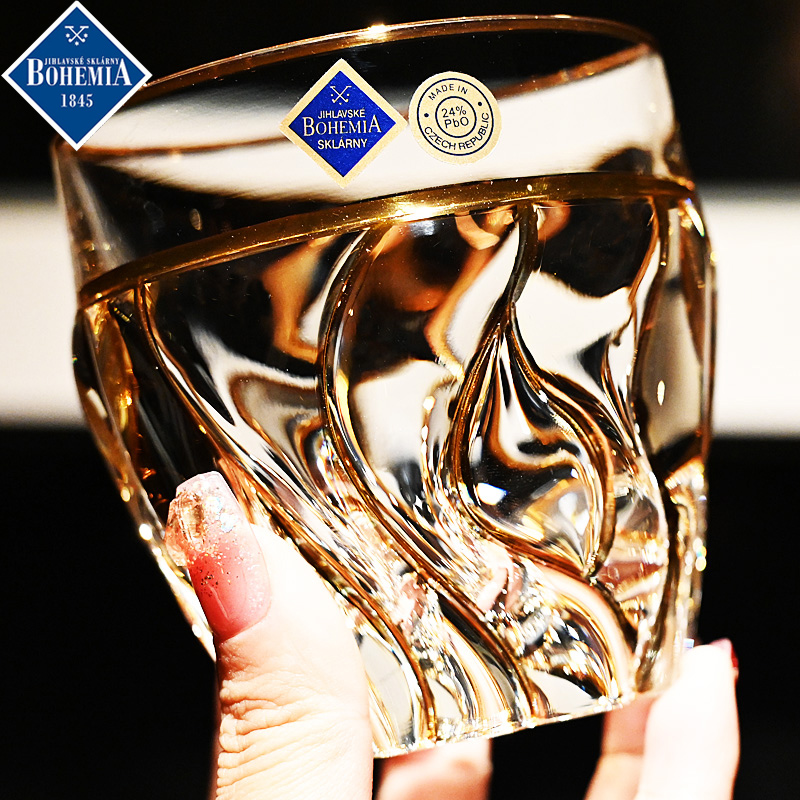 捷克进口水晶玻璃描金威士忌洋酒杯调鸡尾酒杯果汁饮料奶牛水杯子
