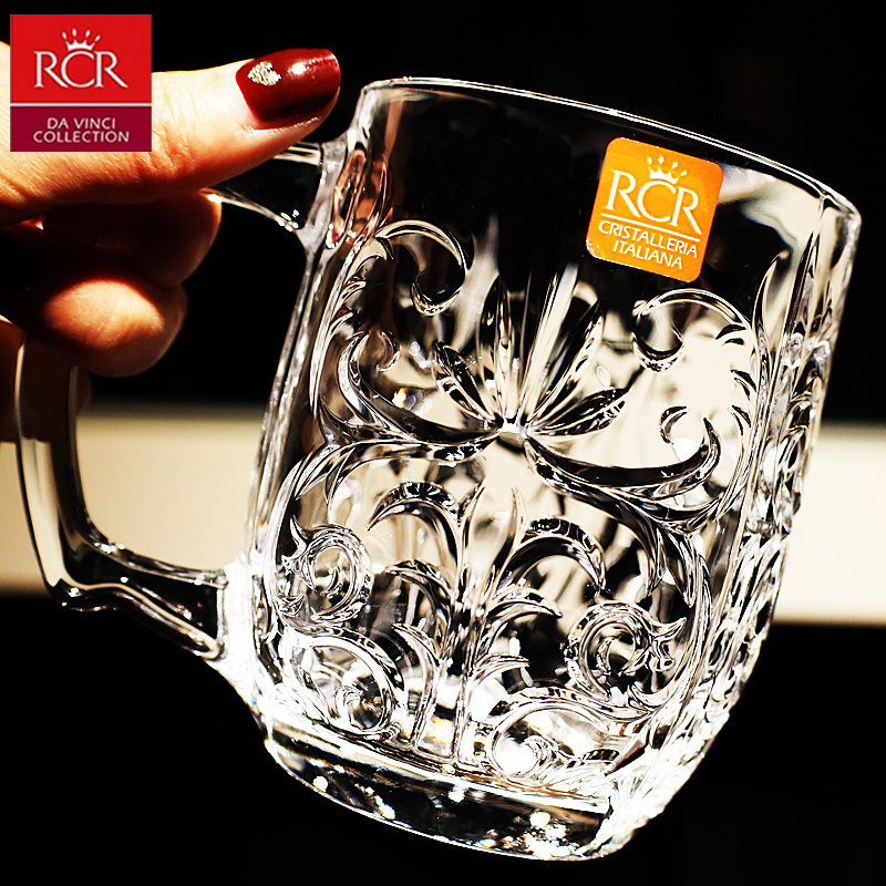 意大利进口RCR水晶玻璃刻花带把啤酒果汁杯马克杯牛奶杯气泡水杯,餐饮具,啤酒杯,淘宝优惠券,粉丝福利购,淘宝优惠卷