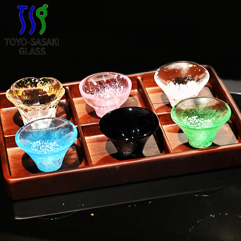 日本东洋佐佐木彩色手工玻璃杯日式清酒烧酒杯品茗茶杯子托盘套转