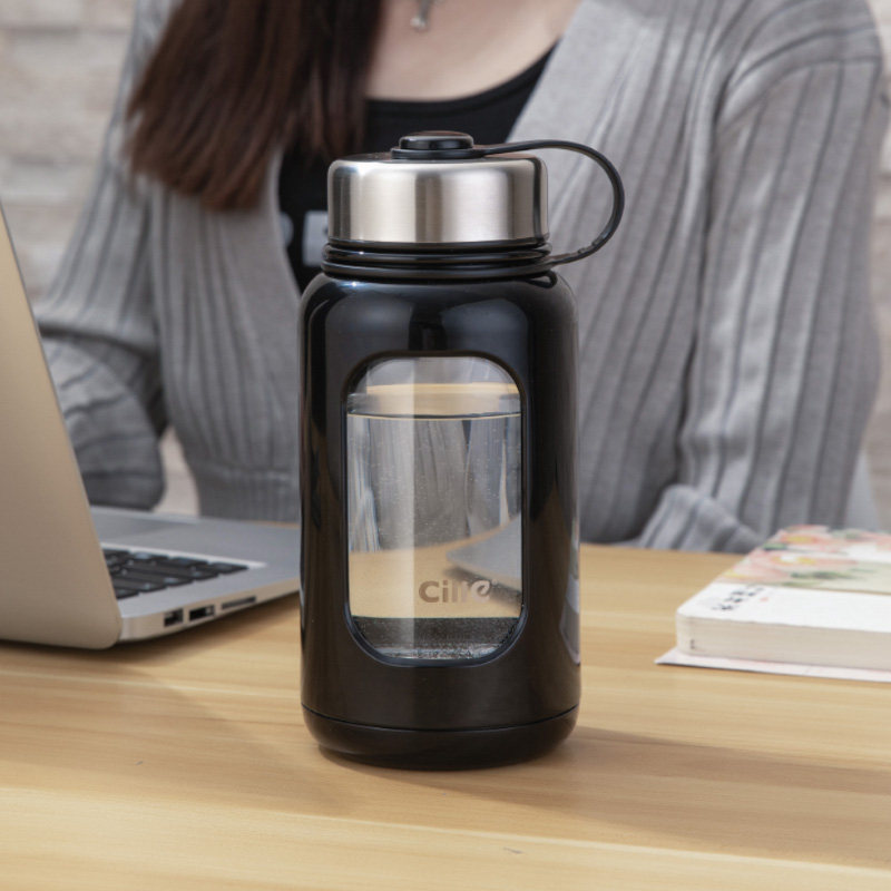 希乐玻璃杯双层大容量水杯便携家用带盖男女办公车载过滤随手杯子