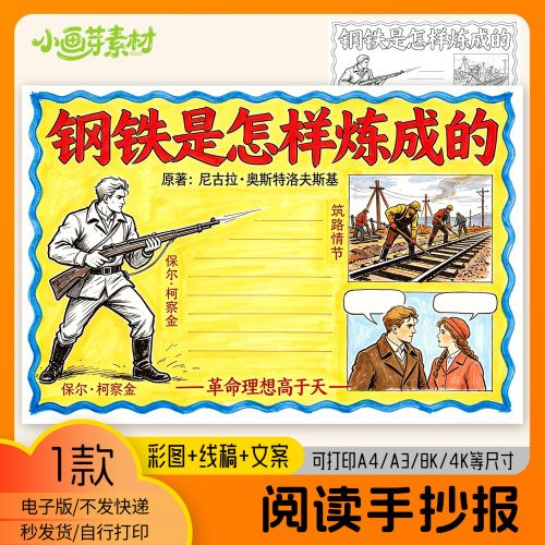 钢铁是怎样炼成的手抄报初中生阅读模板电子版可打印A3线稿图素材