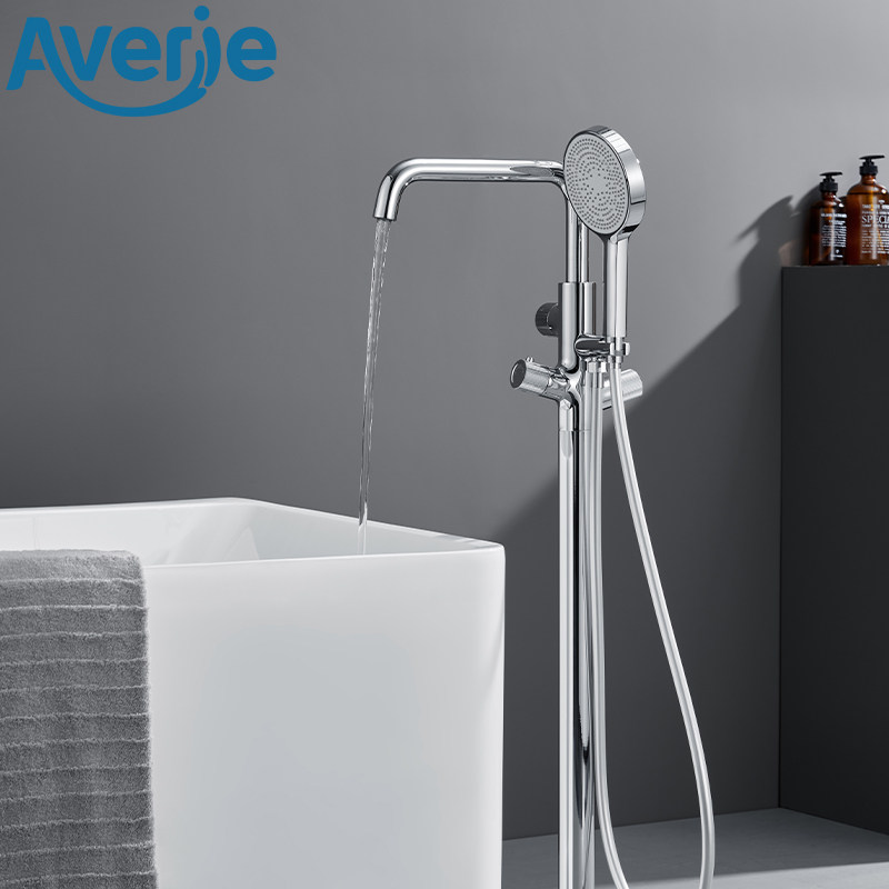 全铜落地式浴缸水龙头镀铬冷热恒温控制大流量三功能增压大花洒