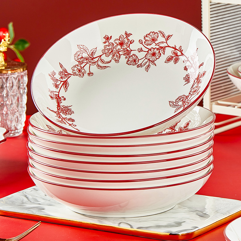 盘子家用菜盘高级感中式红色喜庆