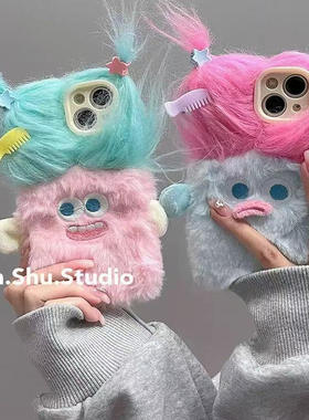 秋冬t2x网红vivoy37手机壳适用IQOO12pro+11s/13扎辫子VIVO IQOONEO10s pro搞怪iqooz9/z8/Z7/z6毛绒y50怪兽