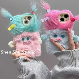 11一加ace3pro 抖音同款 2V可爱10怪兽5pro 15pro适用iPhone14promax手机壳16毛绒17苹果13plus扎辫子1