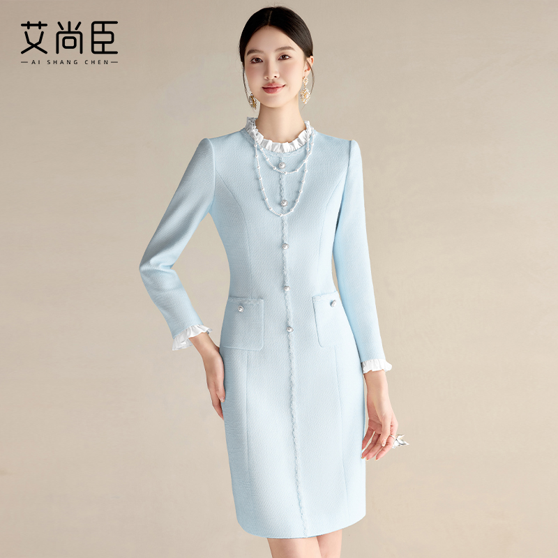 艾尚臣小香风连衣裙女2025春秋新款时尚长袖裙子优雅花边领西装裙