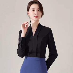 艾尚臣黑色长袖衬衫女秋公务员通勤面试商务雪纺上衣职业正装衬衣