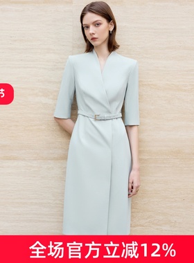 艾尚臣蓝色夏淡人高级感显瘦连衣裙七分袖气质收腰职场西装裙子