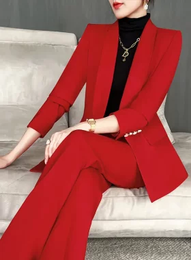 通勤职业装红色西装套装女秋冬款高端女神范工作服年会主持人正装