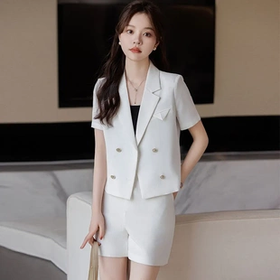 修身 职业装 外套女上衣短袖 休闲双排扣小西服 套装 韩版 女装 白色西装
