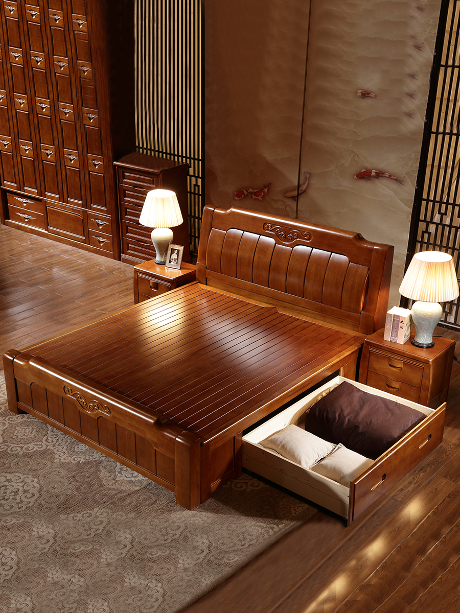 现代简约实木床1.8米双人床主卧2米2.2米大床收纳储物床工厂直销