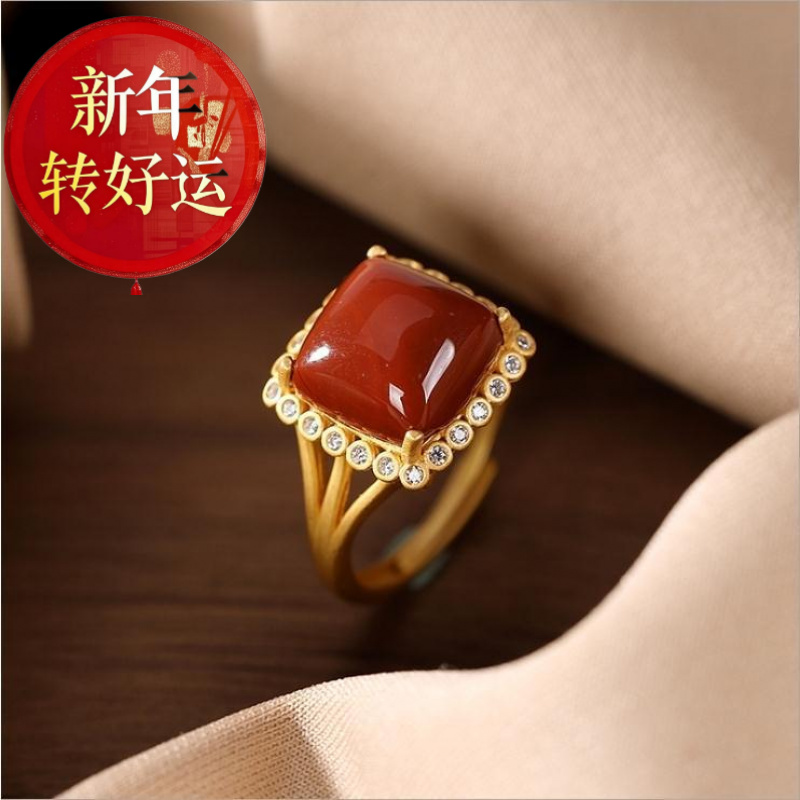 几何女款仿南红正方形指环高档气