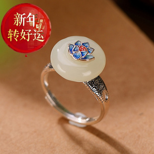 【新年转运】999纯银古法镶和田中国风珐琅莲花平安扣开口戒指女