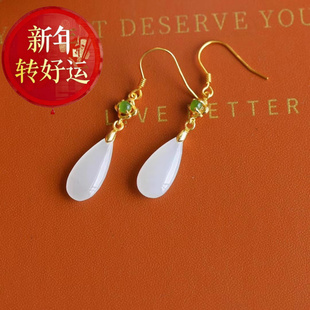 长款 天然和田玉羊脂白玉水滴耳环女 气质双面玉石耳 新年转运