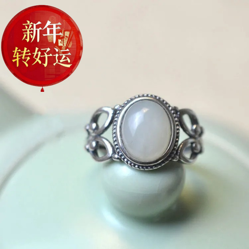 泰银做旧镀银仿和田玉蛋面戒指精