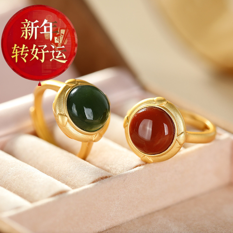 S925纯银镀金碧玉南红复古金时尚