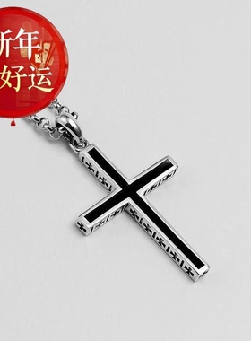 【好运】s925银十字架吊坠男女士黑色嘻哈项链学生时尚潮复古首