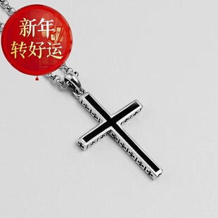 【好运】s925银十字架吊坠男女士黑色嘻哈项链学生时尚潮复古首