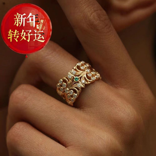 简约镶嵌锆石 祖母绿复古雕花粗戒指个性 新年转运
